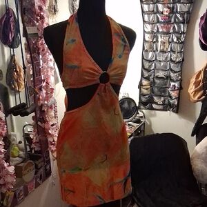 Asymmetrical Halter Dress in Orange and Blue